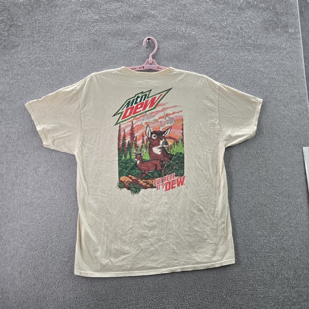 Mountain Dew Men Shirt XL Beige Graphic Deer Logo Short Sleeve
